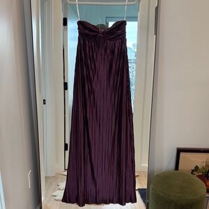 Lulu’s “Whimsical Beauty Dark Purple Satin Plisse Strapless Maxi Dress